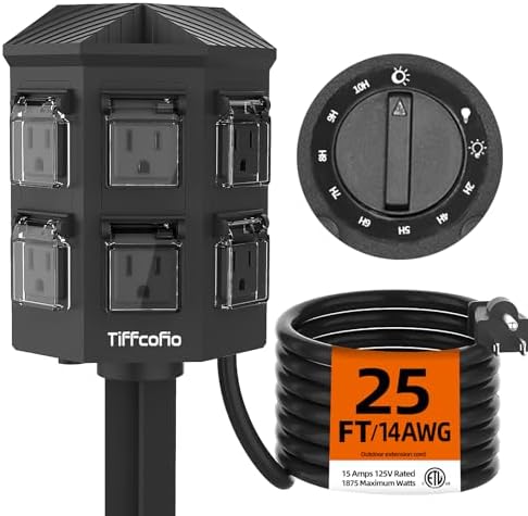 TiFFCOFiO Outdoor Power Strip Timer, Dusk to Dawn Light Sensor Countdown, 25 Feet Extension Cord Waterproof, 6 Grounded Outlets for Halloween and Christmas Decorations, ETL Listed (25 FT) by TiFFCOFiO