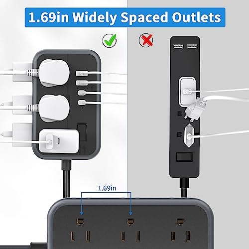 10 in 1Power Strip NTONPOWER Ultra Thin Flat Plug Extension Cord with 4 USB Ports(Include 2 USB C) Surge Protector Power Strip with Flat Cord 6 Widely Spaced Outlet(2 Side) 5 Ft Extension Cord-Black - Image 5