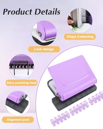 10 Hole Punch Binding Machine for Planners,Paper Puncher with Binder Rings,Punches Holes on B5,A4,A5 Paper,Metal Manual Binding System,Handheld Metal Circle Paper Puncher for Home Office Study,Purple - Image 3