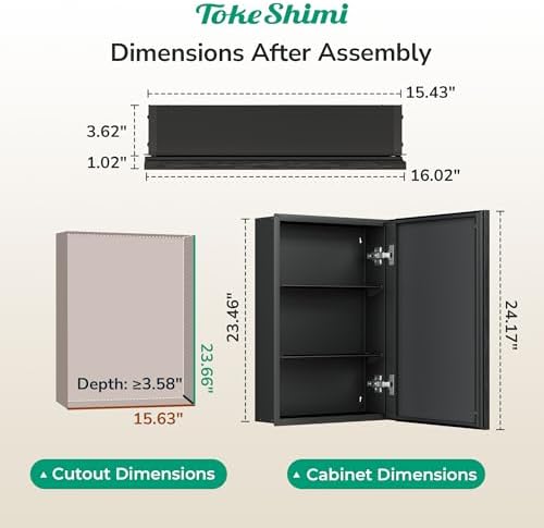 TokeShimi 16 x 24 Medicine Cabinet Mirror, Assembly Required, Black Mirror Medicine Cabinet for Bathroom, Beveled Aluminum Frame, Stepless Adjustable Shelves, Tempered Glass - Image 2