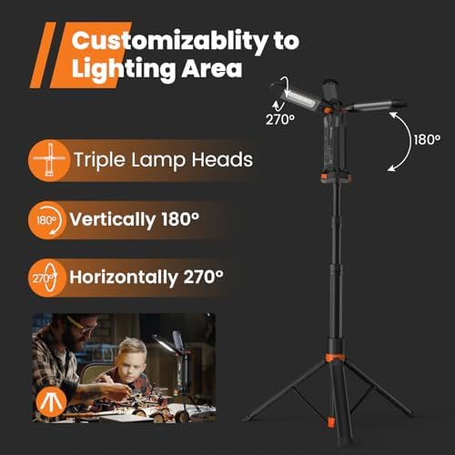gogonova 2026 Rechargeable Work Light with Stand, 4 in 1 Cordless Camping Light, 700/1200/2200 Lumens, 4000/6500K Dimmable LED Work Lamp with Detachable Tripod（Grey） - Image 3
