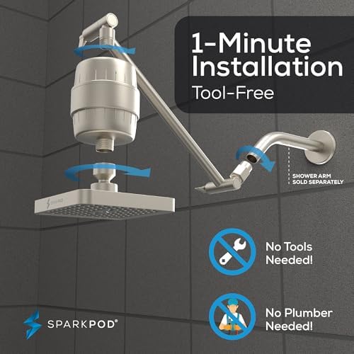 SparkPod 6" High Pressure Rain Shower Head with 23 Stage Filter Capsule & 11 Inch Adjustable Shower Arm Extension -Shower Filter Reduces Chlorine for Smoother Hair & Skin (Square, Brushed Nickel) - Image 5