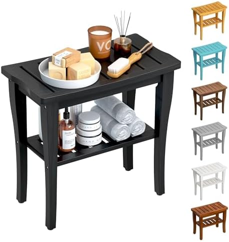 Bamboo Shower Bench Stool with Storage Shelf, Waterproof Shower Chair Spa Bath Seat, Shower Stool for Inside, Bathroom Bench Seat for Adults Elderly Seniors for Indoor or Outdoor Use(Black) by oridom