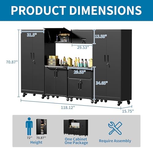 6-Piece Garage Storage Cabinets System Heavy Duty Workshop Set Includes Wall-Mounted and Rolling Cart Metal Tool Organization System for Garage Workshop - Image 2