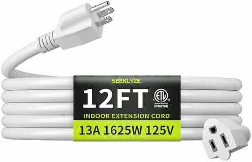 16/3 White 12 FT Extension Cord Indoor for Appliances by Seeklyze
