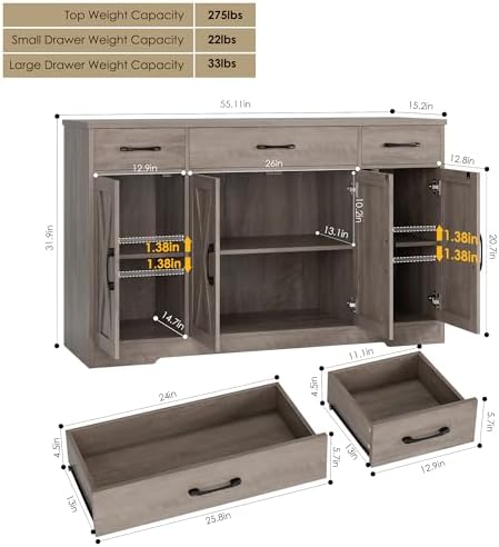 HOSTACK Kitchen Buffet Sideboard Storage Cabinet, Coffee Bar Cabinet, Grey - Image 3