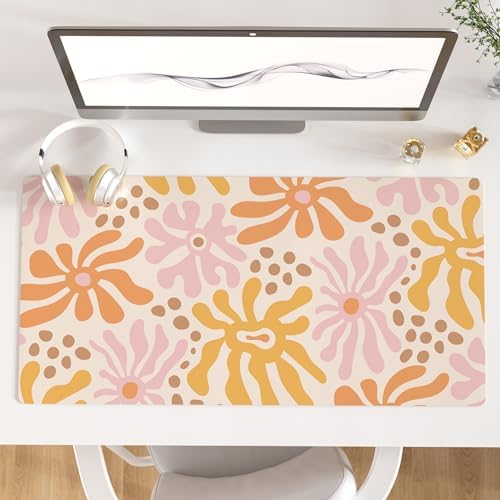 Faux Leather Large Mouse Pad, Office Desk Mat, 31.5"x15.7", Wavy Flowers by ColorfulStar