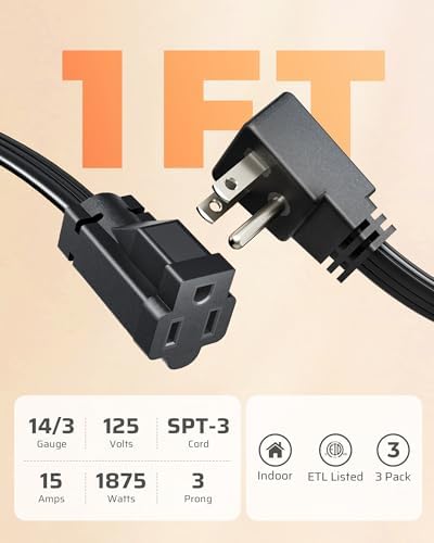 DEWENWILS 1 Ft Extension Cord with 3-Prong Flat Plug, 14/3, 3-Pack, Black - Image 2