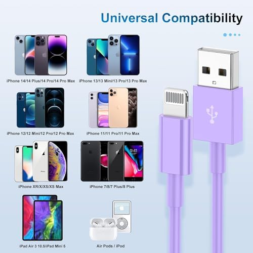 3 Pack Apple MFi Certified Charger Cable 3Ft, Lightning to USB Cable Cord 3 Foot, 2.4A Fast Charging,Apple Phone 3 Feet Long Chargers for iPhone 14/13/12/11/X/XS/XR/SE/8/7/6/5 Plus Pro Max Mini Purple - Image 6