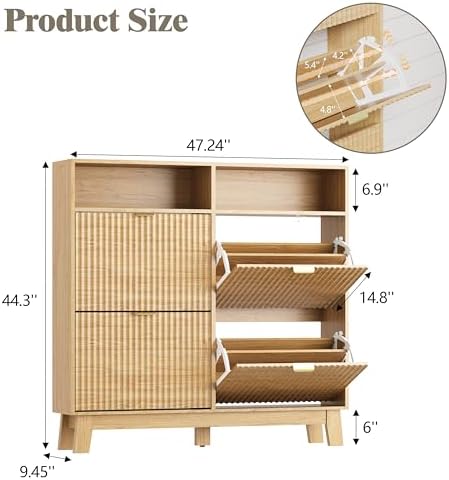 HUANLEGO Shoe Cabinet Storage for Entryway with 4 Flip Drawers, Fluted Narrow Shoe Organizer with Wooden Legs & Top Cubby, Freestanding Slim Shoe Storage Hidden Shoe Rack for Front Door Entrance, Oak - Image 2