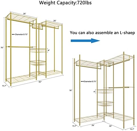 Xiofio 6 Tiers Heavy Duty Clothes Rack, Metal Clothing Rack,Clothing Storage Organizer,Garment Rack with Basket,Hanging Adjustable Garment Rack,65.0" L x 15.7" W x 76.0" H,Max Load 800LBS,Gold - Image 4