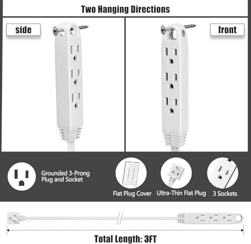 CABOCASA 3FT Flat Plug Extension Cord Power Strip 3 Outlets White Upward - Image 2