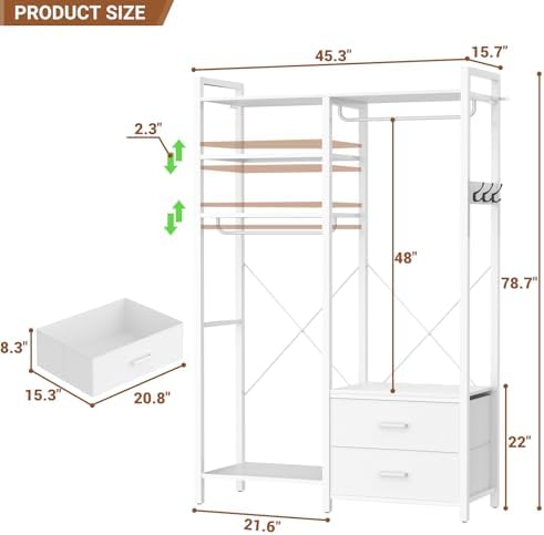 78.7'' Clothes Rack for Hanging Clothes - Reversible Clothing Rack with 2 Drawers, Heavy Duty Garment Racks with Shelves, 6 Tiers Freestanding Portable Closet Wardrobe System with Hanging Hooks, White - Image 3