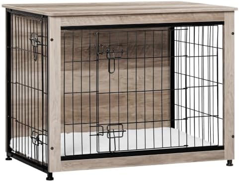 DWANTON 32.5" Dog Crate Furniture with Cushion, Wooden Kennel Table Indoor by DWANTON