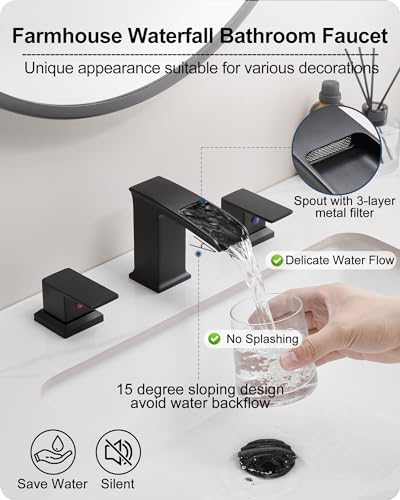 Waterfall Faucet for Bathroom Sink 3 Hole, Black 8 Inch 2 Handles - Image 2