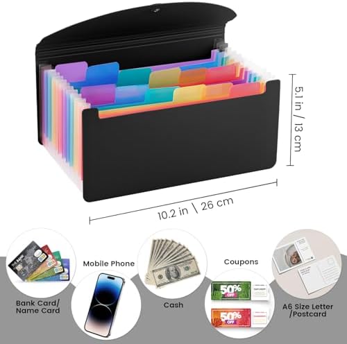 13 Pocket A6 Receipt Organizer, 2 Pack Small Accordion File Organizer, Coupon Organizer with Labels - Black - Image 2