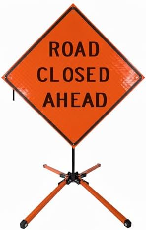 Traffic Roll-Up Sign Kit with Stand – Collapsible Safety Sign & Heavy-Duty Portable Stand, High Visibility, Easy Setup (Road Closed Ahead, Reflective) by EASTERNMETALSIGNSANDSAFETY