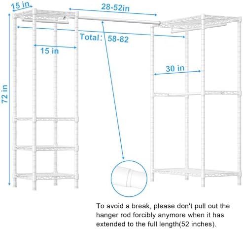 ULIFHOME E10L L-Shaped Clothes Rack for Corner（With Expandable Hanger Rod）Heavy Duty Freestanding Clothing Racks for Hanging Clothes，Portable Garment Rack 58-82"W x 30"D x 72"H，Max Load 900LBS, White - Image 2