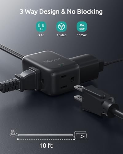 10FT Flat Extension Cord with 3 Outlets, Right Angle Plug Adapter 3 Prong - Image 4