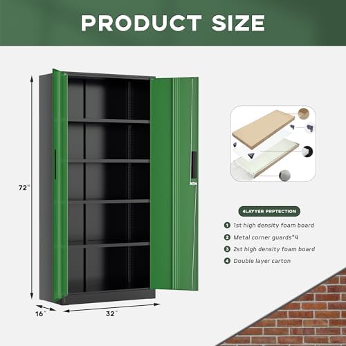 Greenvelly Metal Garage Storage Cabinet, 72" Black Green Tool Steel Locking Cabinet with Doors and 4 Shelves, Tall Cabinets for Garage Storage Systems Lockable File Cabinet for Home Office,Garage - Image 3