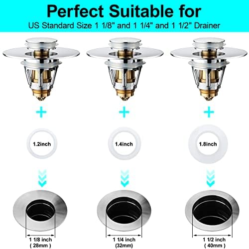 Universal Bathroom Sink Stopper - Stainless Steel Bounce Drain Filter, Pop Up Drain Stopper, Bullet Core Push Type Sink Stopper for Wash Basin, Sink Drain Plug with Anti-Clogging Strainer, Chrome - Image 3