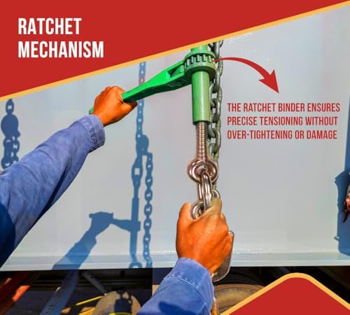 Mytee Products 4 Pack 5/16"- 3/8" Heavy Duty Hi-Viz Green Ratchet Chain Binder w/ 5/16" Grab Hook & 1/2" Slip Hook, 5,400 Lbs WLL - Tie Down Hauling Load Binders for Flatbed Trailers - Image 3