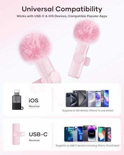 Wireless Microphone for iPhone iPad and Android Phone, 2 Pack Wireless Lavalier Lapel Mic with Noise Reduction, Plug and Play Mini Microphone for Video Recording Interview YouTube TikTok Vlog (Pink) - Image 6