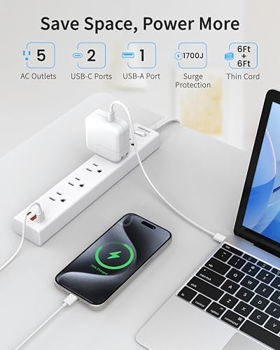 2 Pack Surge Protector Power Strip, 5AC&1A2C, 6FT Flat Plug Extension Cord - Image 3