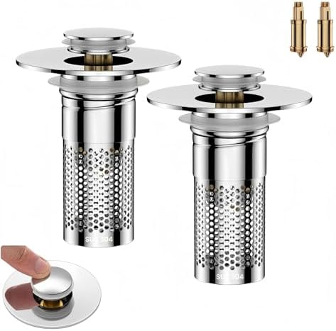Universal Pop-Up Bathroom Sink Stopper, Stainless Steel Drain Strainer with Removable Filter Basket for 1.1"-2.36" Basin, Push-to-Bounce Core, Bathroom Sink Plug, Hair Catcher, 2 Pack by KKPOT