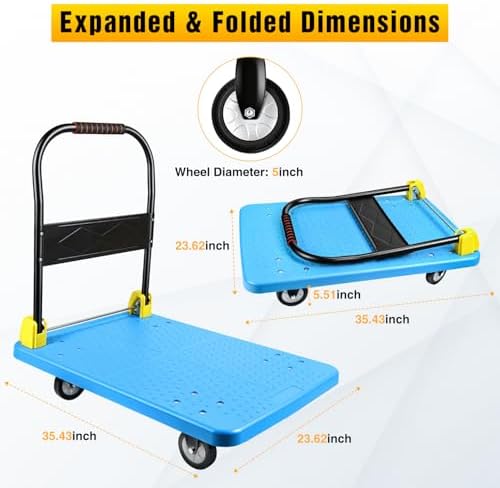 Heavy Duty Platform Cart 1100 lbs Push Cart Dolly with 5 Inch TPR Wheels 35.4 x 23.6 Inch PP Deck Flatbed Cart Platform Truck for Home Garage Warehouse Use Black - Image 2