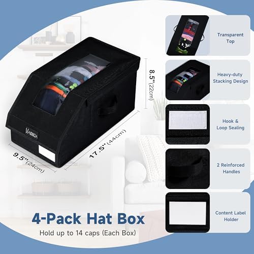 VAESIDA Hat Organizer for Baseball Caps, 4 Pack Hat Storage Box, Holds up to 56 Caps, Baseball Cap Organizer for Closet/Shelf, Hats Box Holder | Stackable, Foldable, Easy-Access, Clear Lid, Black - Image 3