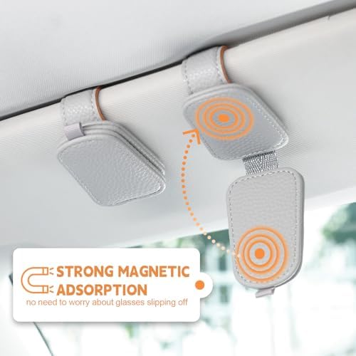 JUSTTOP 2 Pack Sunglasses Holders for Car, Magnetic Leather Buckle Sun Visor Sunglass Clip, Ticket Card Clip Sunglasses Mount, Car Interior Accessories for Men and Women (Gray) - Image 3