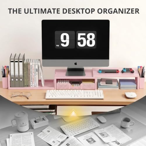 OPNICE Desk Organizers and Accessories, Dual Monitor Stand Riser with Drawer and 2 Pen Holders, Desk Shelf Computer Racks for Office Workspace Organizers, Desktop Organization (Peach-Pink) - Image 4