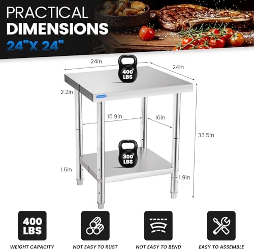 KUARBARR Stainless Steel Table for Prep & Work with Undershelf 24 x 24 Inches NSF Metal Commercial Kitchen Prep Table with Adjustable Under Shelf Worktable for Restaurant Home Outdoor - Image 2