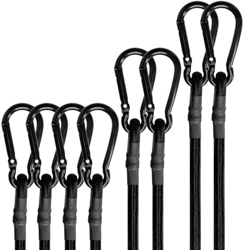 BEXSLE Bungee Cords with Carabiner Hooks Heavy Duty, Outdoor Black Bungee Straps, Strong Industrial Grade Elastic Bungee Rope for Securing Tarps, Luggage, Tents，Bikes, 12in + 24in + 48in，8pcs by BEXSLE