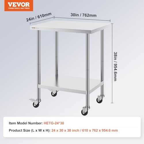 VEVOR Stainless Steel Work Table 24 x 30 x 38 Inch, with 4 Wheels, 3 Adjustable Height Levels, Heavy Duty Food Prep Worktable for Commercial Kitchen Restaurant, Silver - Image 3