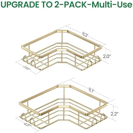 Adhesive Shower Caddy, 2 Pack Corner Bath Organizer, Rustproof Stainless Steel Shower Shelves with Large Capacity, No Drilling Shelves for Bathroom Storage, Home, Kitchen Décor(Gold) - Image 2
