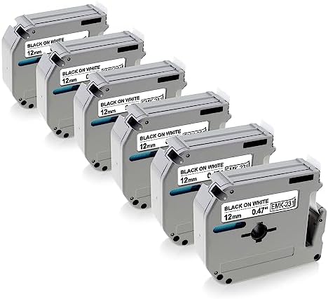 6-Pack M-K231 M Tape Compatible Label Tape Replacement for Brother P-Touch M231 MK231 M-231 M-K231S 12mm 0.47'' White Work with Brother Ptouch PT-65 PT-M95 PT-90 PT-70 PT-80 PT-70BM PT-45 Label Maker by Unknown