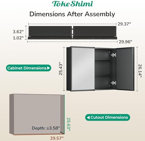 TokeShimi 30 x 26 Medicine Cabinet Mirror for Bathroom, Assembly Required, Black Recessed Medicine Cabinet with Mirror, Stepless Adjustable Shelves, Beveled Aluminum Frame, Tempered Glass - Image 2