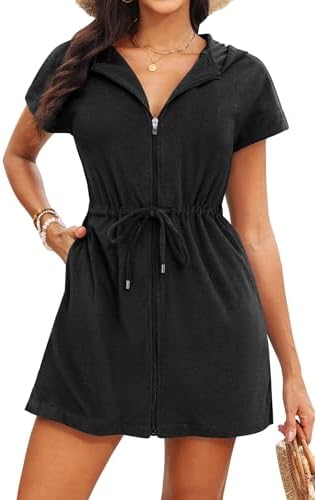 Womens Terry Cloth Cover Up Hooded Swim Cover with Zipper and Pocket by Yonique