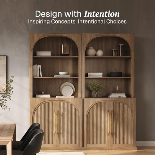 BELLEZE Storage Cabinet with Hutch Set of 2, 72" Tall Modern Wood Sideboard with 3-Tier Shelves, Curved Styling Door Cabinet Curio Cabinet for Office, Study, Kitchen, Living Room, Camel - Image 3