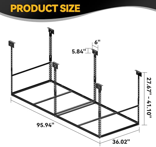 3x8 Ft Overhead Garage Storage Rack, 28-41 inch Height Adjustable Ceiling Mounted Organization Rack, 850 lbs Weight Capacity, 36"x96" Heavy Duty Space-Saving Metal Rack for Garage Storage - Image 6