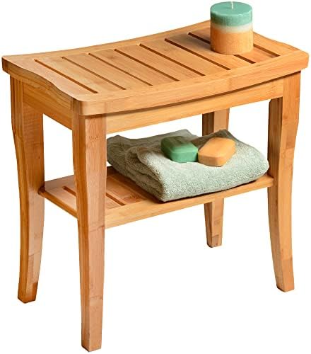 Bamboo Shower Bench, Shower Stool Seat with Storage Shelf, Non Slip Feet by Bamb%C3%BCsi