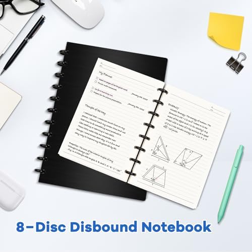 Discbound Notebook, 8-Disc Disbound Planner with Removable Pages, 180 Pages Spiral Notebook, Poly Cover Discbound Planner for Work, Travel, Note Taking(With Index Sticker),Black, A4 - Image 4