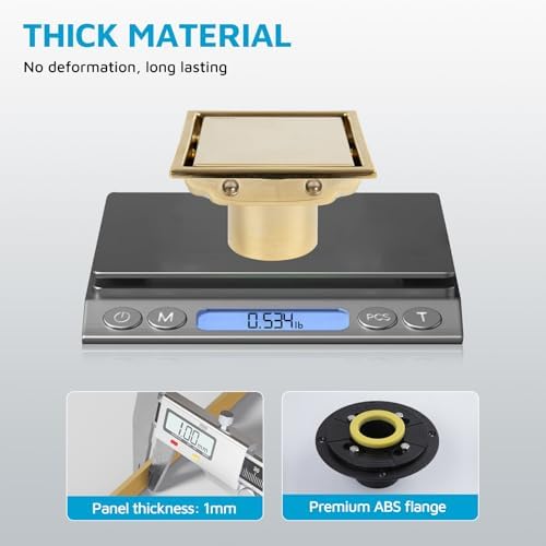 Square Shower Drain with Flange, 4 Inch, Brushed Gold, 2-in-1 Grate - Image 4