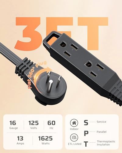 DEWENWILS 3FT 360° Rotating Flat Plug Extension Cord/Wire, 16/3, 2 Pack - Image 3