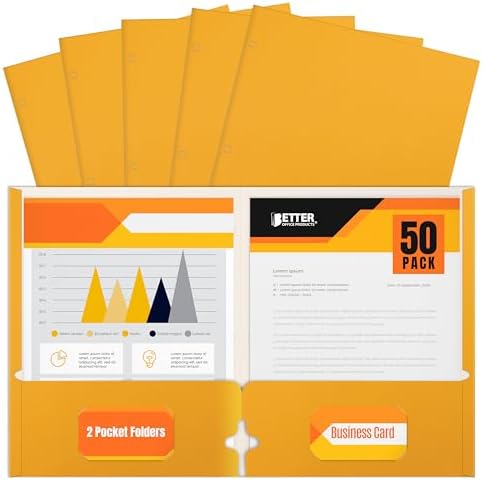 Better Office Products Two Pocket Portfolio Folders, 50-Pack, Dark Yellow, Letter Size Paper Folders, 50 Pieces, Dark Yellow by BetterOfficeProducts