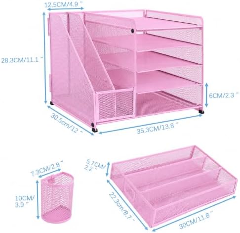 Desk Organizers and Accessories with File Holder, 5-Tier Paper Letter Tray Organiser with Drawer and 2 Pen Holder, Mesh Desktop Document Organizer for Office Supplies, Workspace - Pink - Image 2