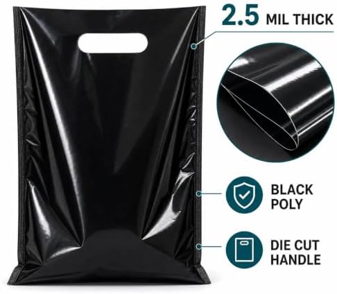 ysmile Plastic Merchandise Bag with Handle for Retail, Plastic Shopping Bag Die Cut for Small Business Extra Thick 11.8"x15.8" - Black - Image 3