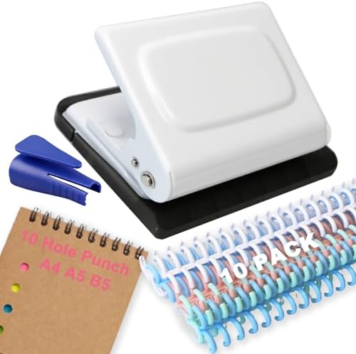 10 Hole Punch Binding Machine for Planner, Manual Binding System with 10 Multi-Color Binder Rings for Making 26 Holes on B5, 30 Holes on A4, 20 Holes on A5 Book, 10 Sheet Capacity - White by Unknown
